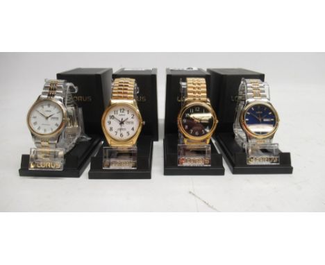 Lorus stainless steel and gold plated quartz wristwatch with day/date, signed blue sunburst dial with baton indices and centr