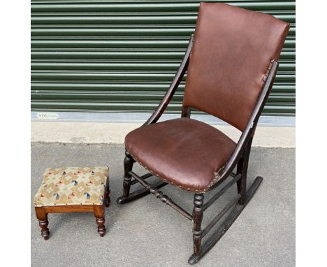 The Russell Watson Collection -Victorian rocking chair with faux leather seat and a tapestry footstool, H92cm H23cm (2)Shippi