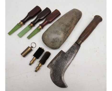 19th Century steel bill hook, with turned handle and brass ferrule, L28cm; three rosewood turn screws; two 12 bore cleaning b