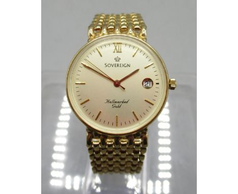 Sovereign 9ct gold quartz wristwatch with date on integrated bracelet clasp stamped .375, signed champagne dial primary XII a