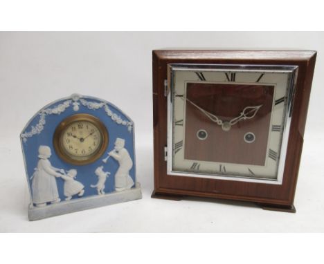 Smiths Enfield 8 day walnut mantle clock, chrome bezel enclosing 5 1/4" dial with applied Roman chapter ring, signed two trai