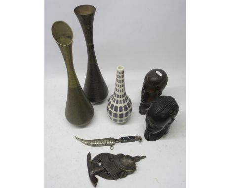 Mixed assortment decorative items, including Poole Pottery freeform bottle-neck vase, two Persian-style brass vases, two Afri