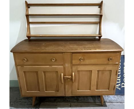 Ercol dresser base/sideboard with plate rack above, two drawers over two cupboards, blonde/light finish, W122cm D46cm H82cm e