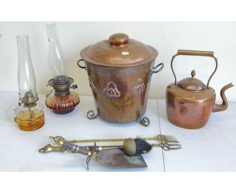 Arts & Crafts style hammered copper coal bin, H30cm, various fire tools, copper kettle, and two oil lampsShipping POA https:/