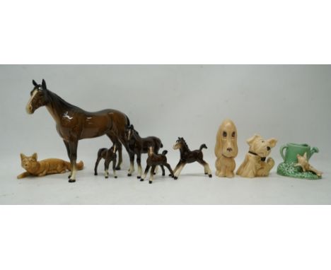 Collection of brown gloss Beswick horses to include, Large Hunter No. 1734, Shire Foal No. 1053, three other foals, and four 