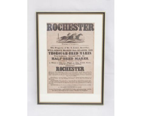 York Racecourse Collection - Framed 'Rochester The Property of Mr. T. Lister of Beverley will Serve Mares this Season 1851' p