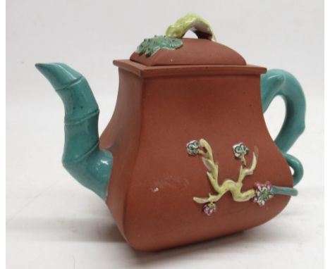 Chinese moulded terracotta square teapot, turquoise glazed mounts, seal mark to the base, H15cmShipping £33.00 plus vat (UK O