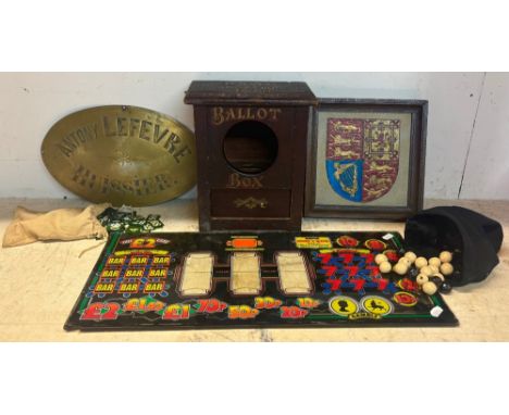 Decorative items, incl. Royal Order of Buffalos ballot box, framed tile bearing a coat of arms, 1970s mirrored fruit machine 