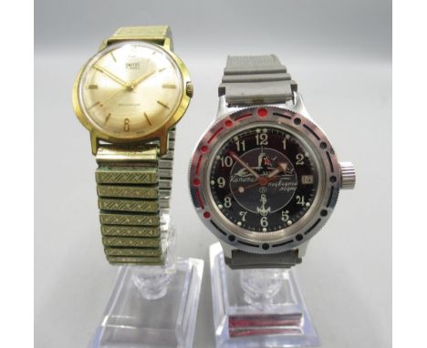 Smiths gold plated wristwatch, signed gold burst dial with primary Arabic and baton indices, centre seconds, snap on case bac