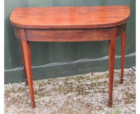 Geo. 111 boxwood banded mahogany demi-lune folding card table, twin gate action on spade feet, W92cm D70cm H72cmShipping POA 
