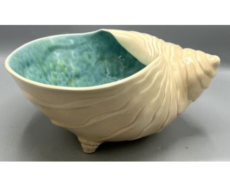 Clarice Cliff Wilkinson Pottery shell bowl, cream exterior, mottled green interior, H11cmShipping £33.00 plus vat (UK Only)