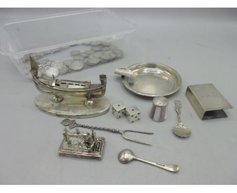 20th century silver circular ashtray with cigarette rest by Gladwin Ltd, Sheffield 1935, unmarked white metal cast ship, pair