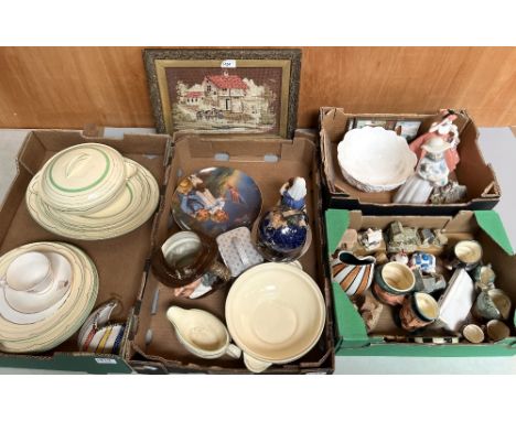 Various collectables incl. small stone inlaid globe, character jugs, Clarice Cliff Newport Pottery green and gold decorated d
