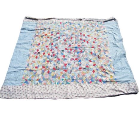 20th Century patchwork quilt, central lozenge patches making a cube design, L215cm x W183cm and Durham quilt, L248cm x 214cmS