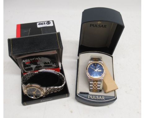 Accurist stainless steel and gold plated quartz chronograph wristwatch with date, signed blue sunburst dial with three subsid