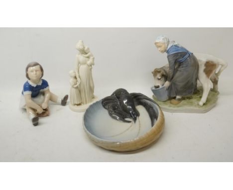 Royal Copenhagen figure of a woman with two young children 12159, Royal Copenhagen Lobster bowl 3277, Royal Copenhagen figure