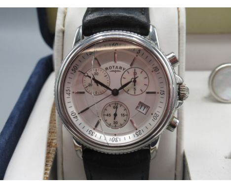 Rotary Dolphin Standard chrome quartz chronograph wristwatch with date , signed Mother of Pearl dial with baton indices, thre