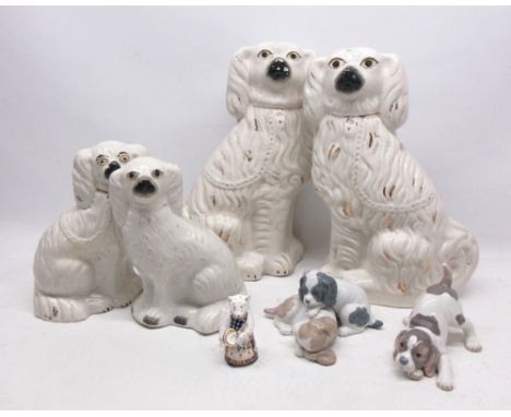 Pair of Staffordshire dogs H38cm, two other Staffordshire dogs, two Nao dog ornaments and a Royal Crown Derby teddies cook pa