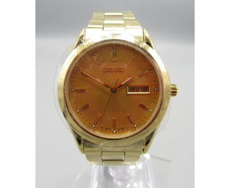 Seiko SGF724P1 gold plated quartz wristwatch with day/date on matching bracelet with signed deployment clasp, signed sunburst