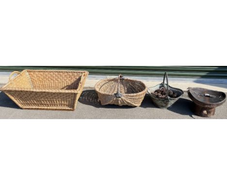 Two wicker baskets, max. L79cm, metal basket with pinecones, a leather hat box, and a Windsor and Newton table easel, H109cm 