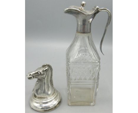 George III silver mounted cut glass oil decanter by John Watson & Son, Sheffield 1813, and a Edwardian silver chess piece tro