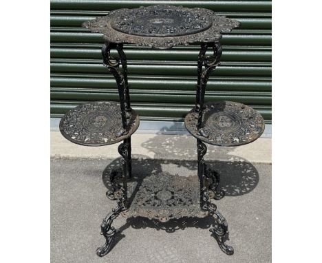 Victorian black painted cast iron three-tier plant stand, H77cm W66cm D42cmShipping POA https://www.bradleys.ltd/quotation-re