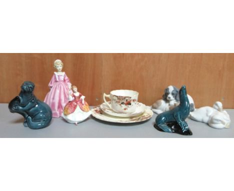 Collection of ceramics incl. Poole Pottery blue glazed otter and seal; NAO by Lladro duck figures and Wake Up Puppies, spanie