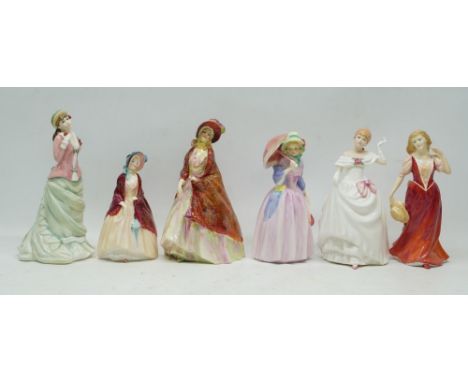 Six Royal Doulton Ladies to include, The Paisley Shawl HN 1392, Paisley Shawl HN 1988, Sally HN 4160, Strolling HN 3755, Miss