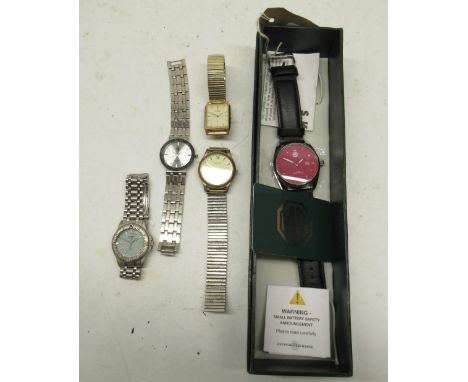 MG stainless steel quartz wristwatch with date,signed textured red dial with baton indices and centre seconds, signed snap on
