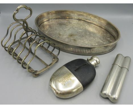 Victorian style silver plate and leather hip flask with stirrup cup, silver plate cigar case, silver plate toast rack and a s