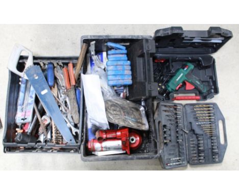 Large collection of tools, spanners., hammers, felling axe, small axe, glue gun, spirit level, lopper, drill bits, plastic sa