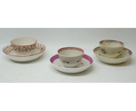 18th century New Hall tea bowl and saucer, pattern 343 and two other New Hall late 18th/ early 19th century tea bowl and sauc