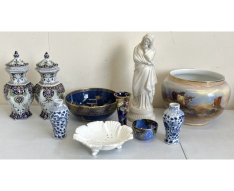 Collection of ceramics, incl. large Crown Devon jardiniere painted with cattle, H20cm, pair of faience vases, pair of undergl