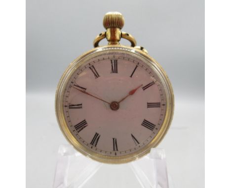 Swiss 14ct gold keyless pin set fob watch, white enamel Roman dial, bright cut case with hinged case back no. 306298 stamped 