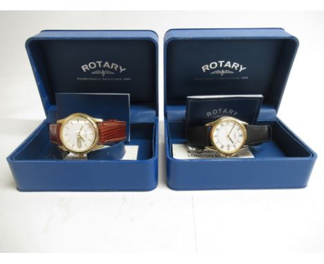 Rotary gold plated quartz wristwatch with day/date on original leather strap with matching buckle, signed white dial with bat