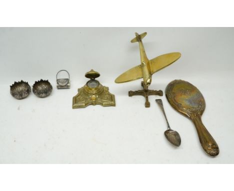 George IV silver old English pattern desert spoon by William Sumner, London 1823, miniature silver purse stamped 925, pair of