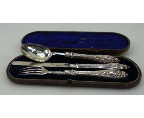 Victorian Silver Christening Set, comprising knife, spoon and fork, Birmingham 1864, in original case (total weight 102.9g)