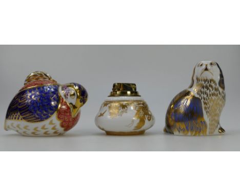 Royal Crown Derby Quail sugar pot & cover, paperweight Cavalier with gold stopper and gold Avres table lighter (3)