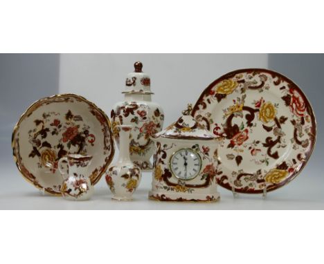 A collection of Masons brown velvet design items to include lidded vase, fruit bowl, cabinet plate, mantle clock, spill vase 