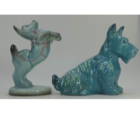 Beswick blue glazed model of dog  on base 324 (ear re-stuck) and blue seated Sealyham terrier 302.  (2)