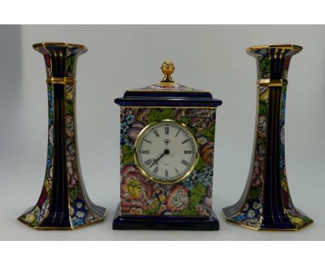 Masons mantle clock and candlesticks in the Decoupage design (height of tallest 22cm) (3)