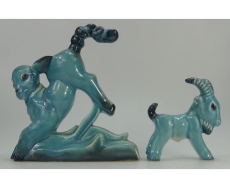 Beswick blue glazed model of lamb on base 323 and small blue glazed goat.  (2)