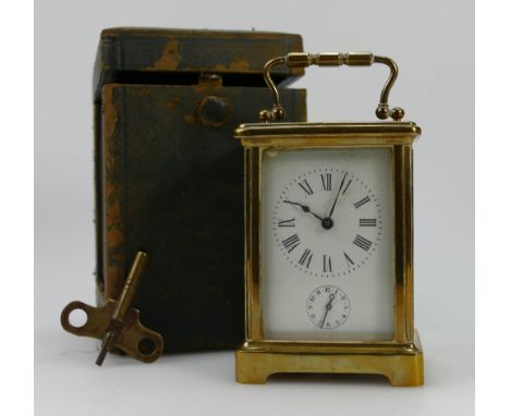 Late 19th Century brass carriage clock, bell underneath in original leather case with brass key (top glass missing and moveme