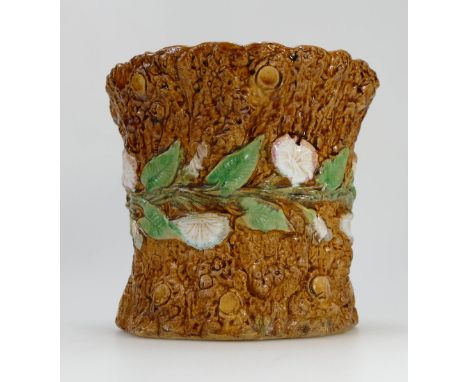 George Skey Majolica rustic tree trunk planter with floral decoration c1900, height 19cm, marked George Skey Wilnecote works,