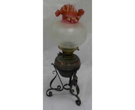 Early 20th Century copper lamp by W S Best with Cranberry & Etched glass shade, overall height 60cm.