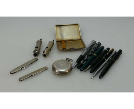 A collection of items to include vintage pens including a Ronson lighter pen, Hamer, Parker, Silver pocket watch, 2 policeman