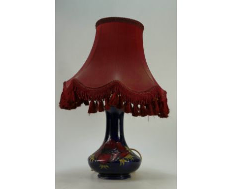 Moorcroft lamp decorated in the pansy design with fabric shade, height of pottery 19cm