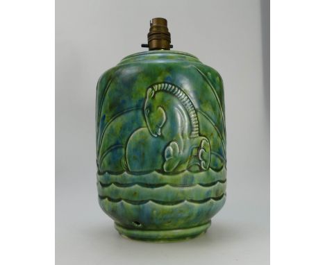 Art Deco pottery lamp base decorated with horses & sunburst, height 23cm.