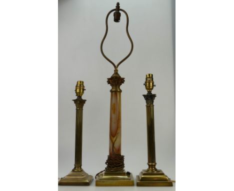 Brass lamp stand with Onyx column and two lamp stands as Corinthian columns, tallest 63cm. (3)
