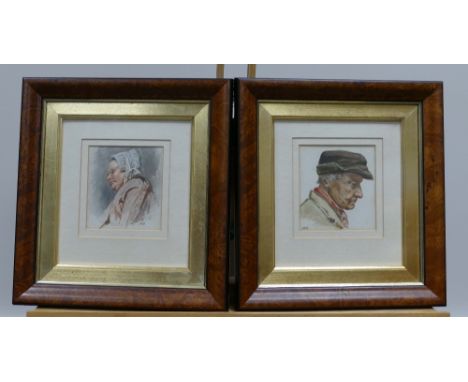 John Henry Dell 1830-1888, A Pair 19th Century portrait watercolours of a man and woman in burr walnut frames, 31.5cm x 29cm.